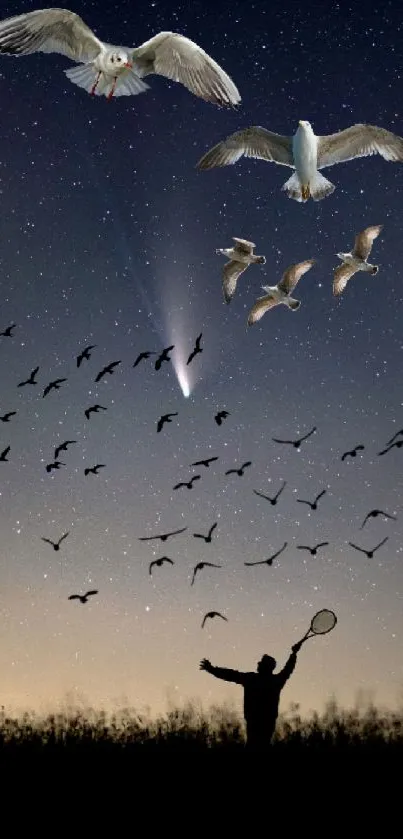 Silhouette with birds in starry sky at dusk.