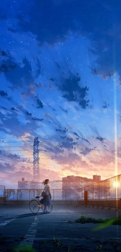 Anime dusk sky with bicycle on urban backdrop.