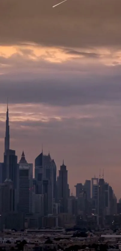 Majestic cityscape at dusk with skyline and dramatic sky.