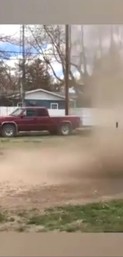 Red truck on a dusty road surrounded by earth tones in a rural scenery.