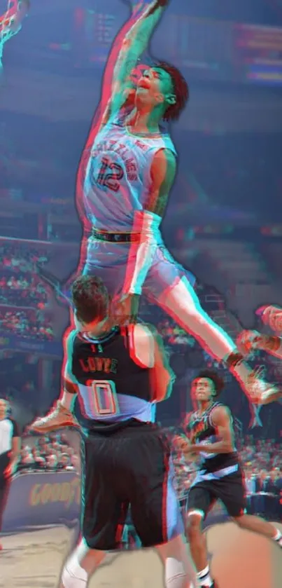 3D effect basketball slam dunk in a vibrant arena.