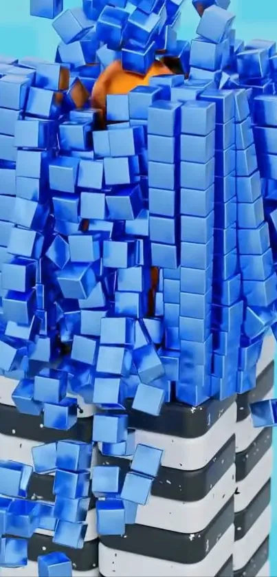 Dynamic blue cubes in a 3D geometric design.