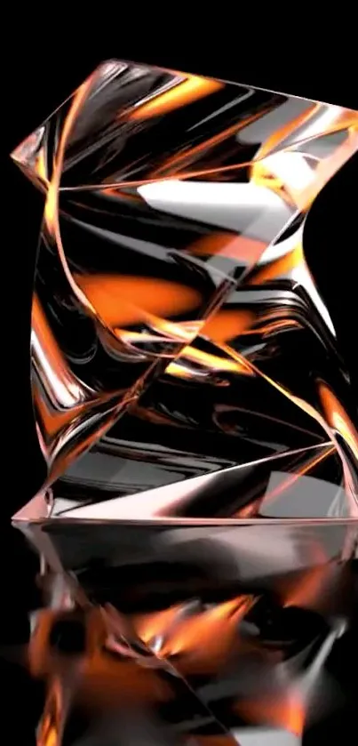 Abstract glass art design with dynamic orange swirls on black background.