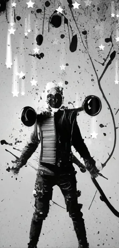 Black and white abstract art of a dynamic human figure with splatters.