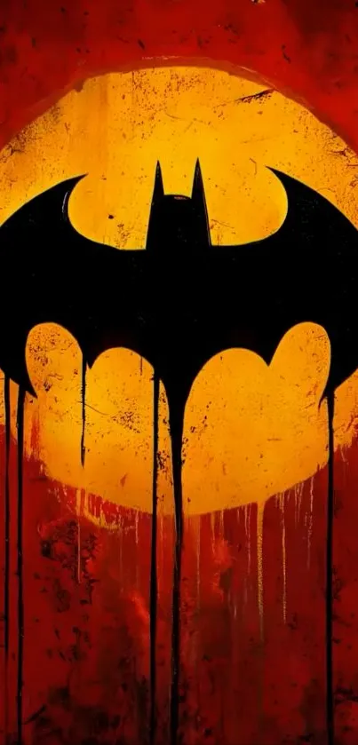 Bold bat symbol on vibrant red background with artistic flair.