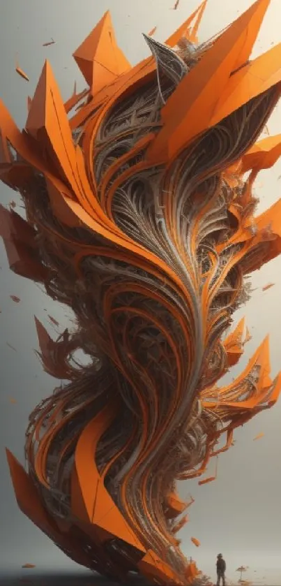 Abstract 3D artwork with orange swirls and intricate details.