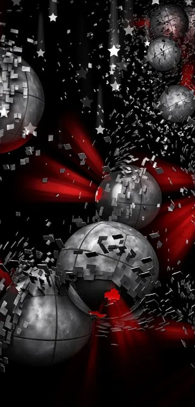 Abstract wallpaper with metallic spheres on a red and black background.