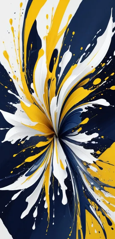 Dynamic abstract wallpaper with yellow and navy paint splash design.