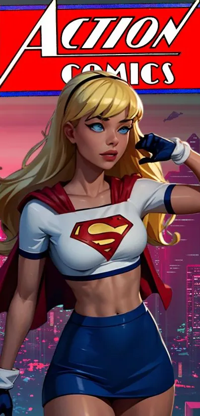 Vibrant illustration of superheroine in a futuristic city from Action Comics.