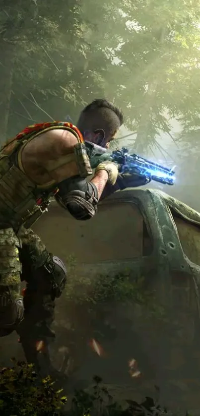 Action-packed forest combat gaming wallpaper for mobile phones.