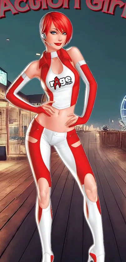 Action girl in red futuristic outfit with scenic night background.