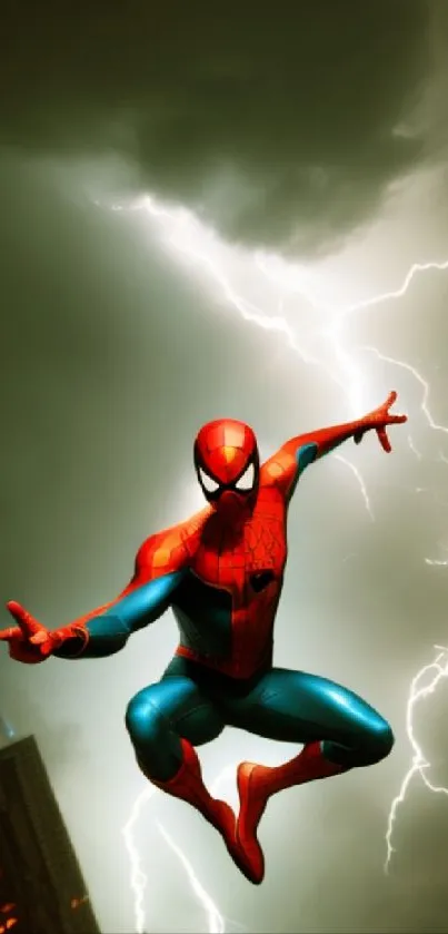 Iconic hero leaping in stormy city background with lightning.