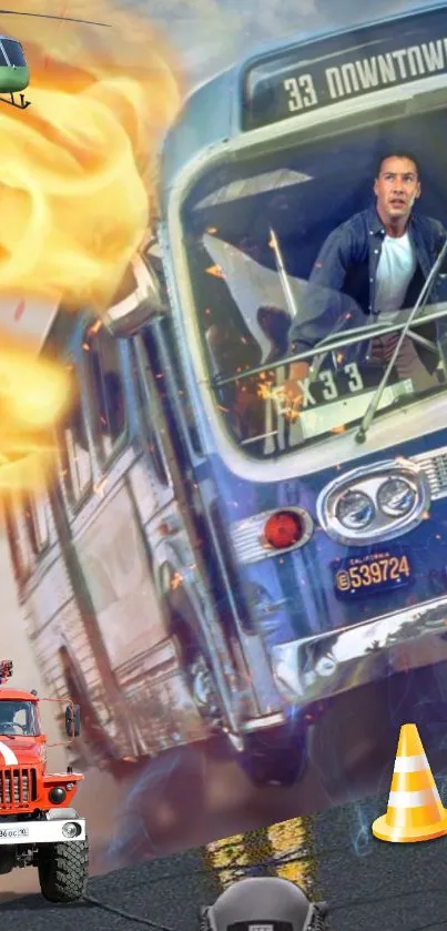 Action-packed wallpaper with bus, fire, and helicopter scene.