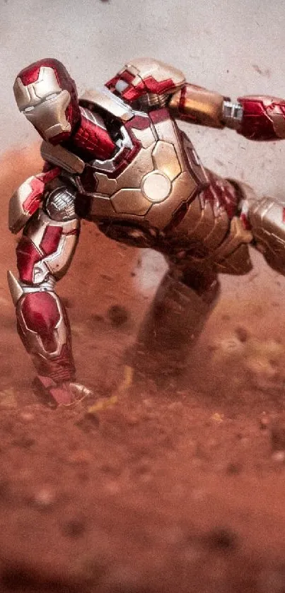 Metallic figure in dynamic action amidst red earth explosion.