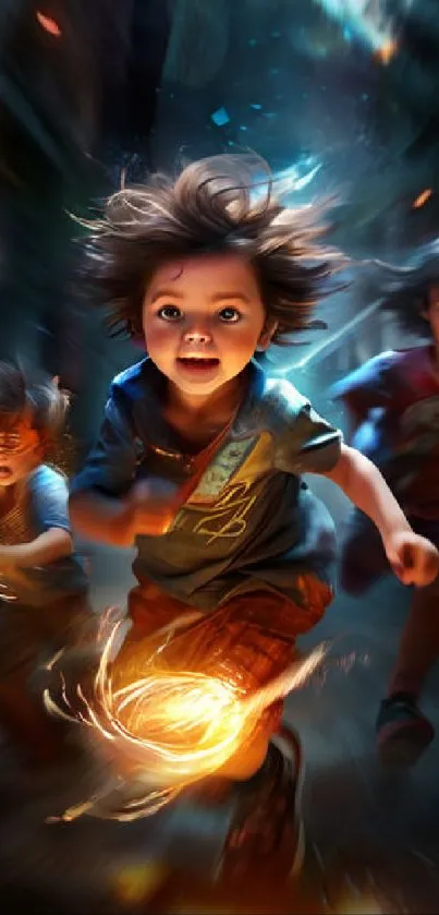 Kids running in dynamic magical scene with glowing effect in wallpaper.