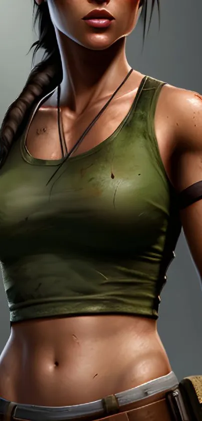 Adventurous female character in olive top.