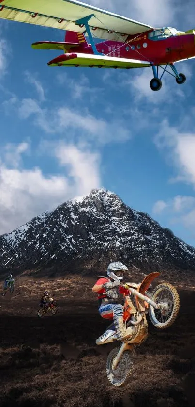 Motocross excitement and colorful airplane over a majestic mountain on phone wallpaper.