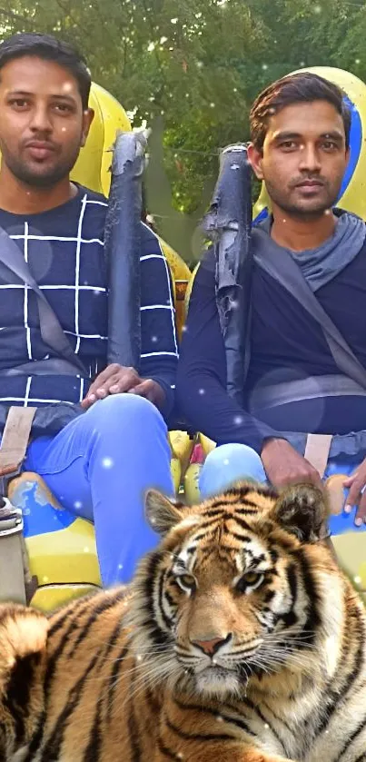 Two people on a ride with a tiger image overlay.