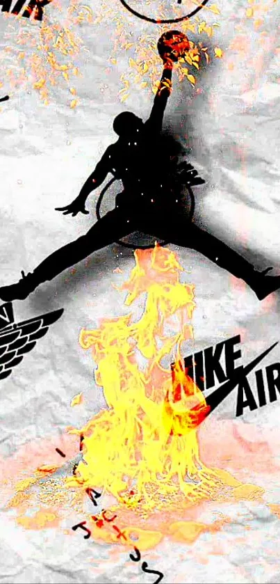 Silhouette of Air Jordan with flaming basketball on a dynamic wallpaper background.