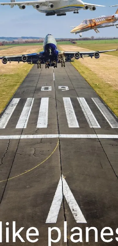 Airplanes taking off from a runway with a clear sky.