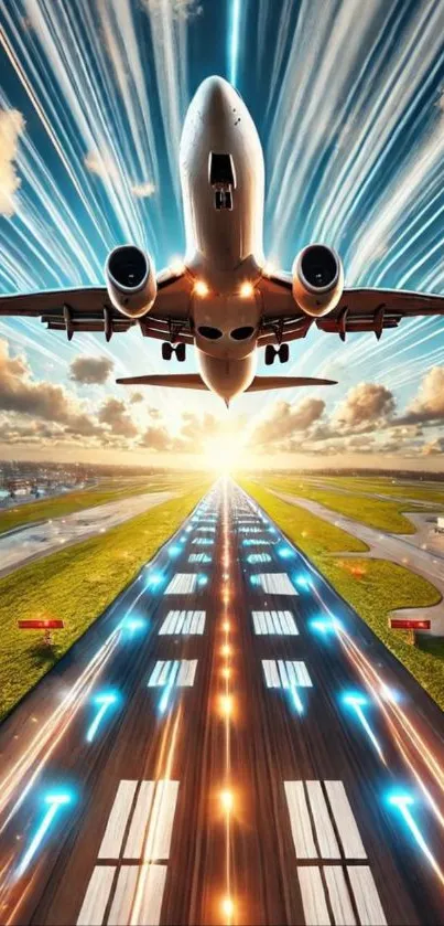 Airplane taking off with dynamic sky view