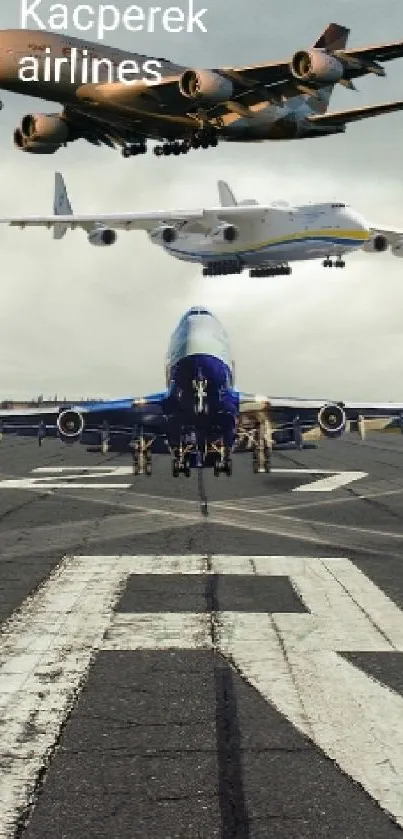 Airplanes lined up on a gray runway with a cloudy sky.