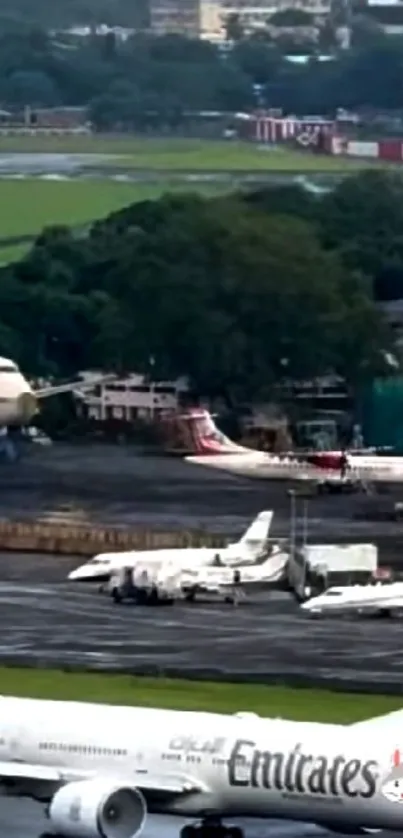 Scenic airport view with planes on the tarmac, showcasing dynamic aviation activity.