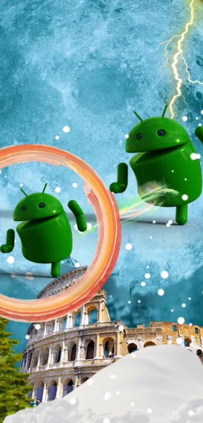 Android mascots with cosmic background and Colosseum in vibrant design.