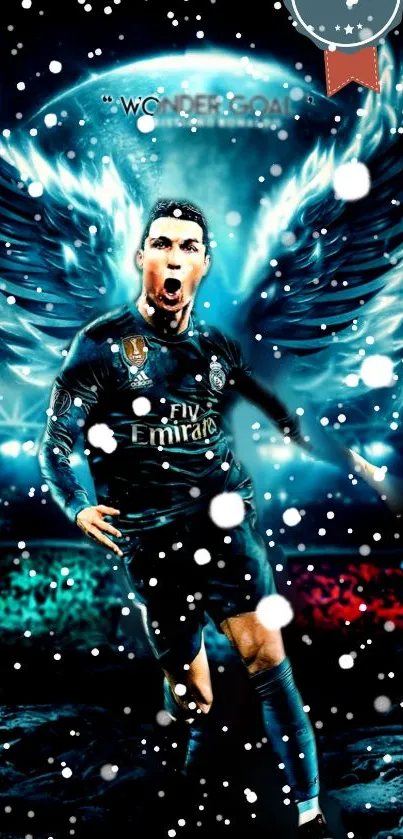 Football player with glowing wings and vibrant colors in action pose.