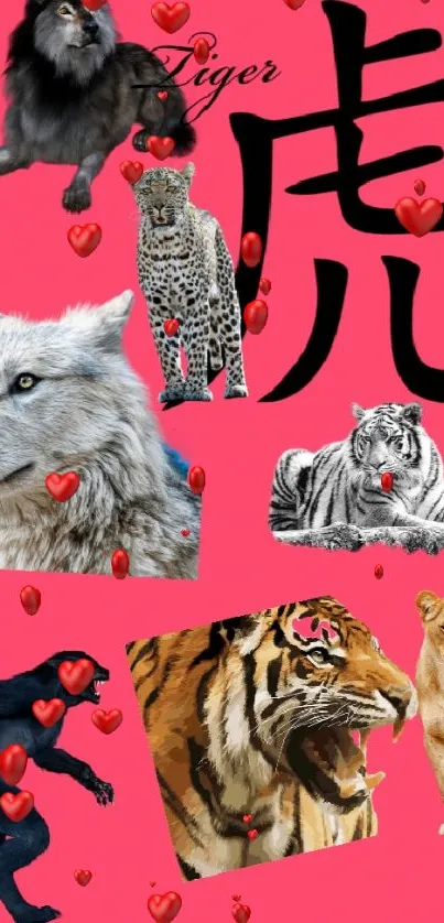 Dynamic wallpaper with animals on red background.