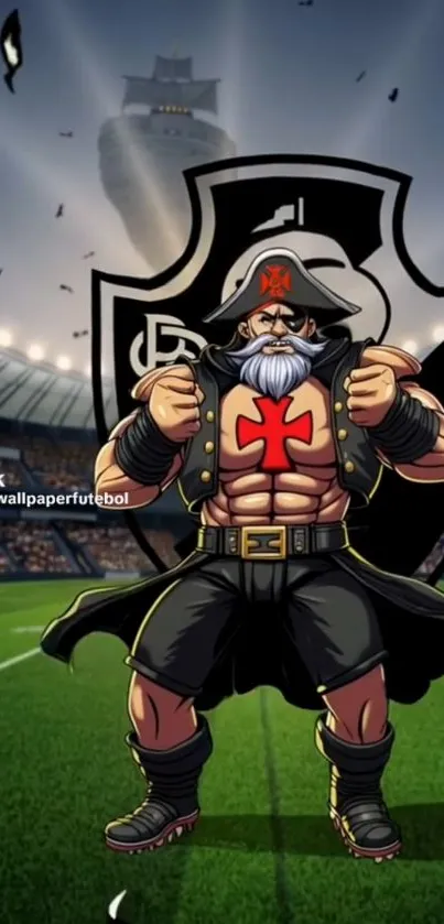 Animated warrior in football stadium background.