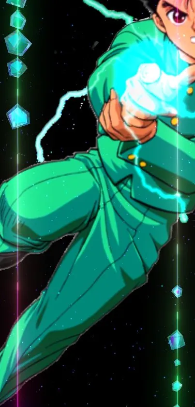 Dynamic anime character in green suit with glowing energy background.