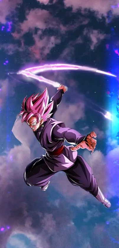 Anime character in dynamic action with vibrant clouds and energy effects.