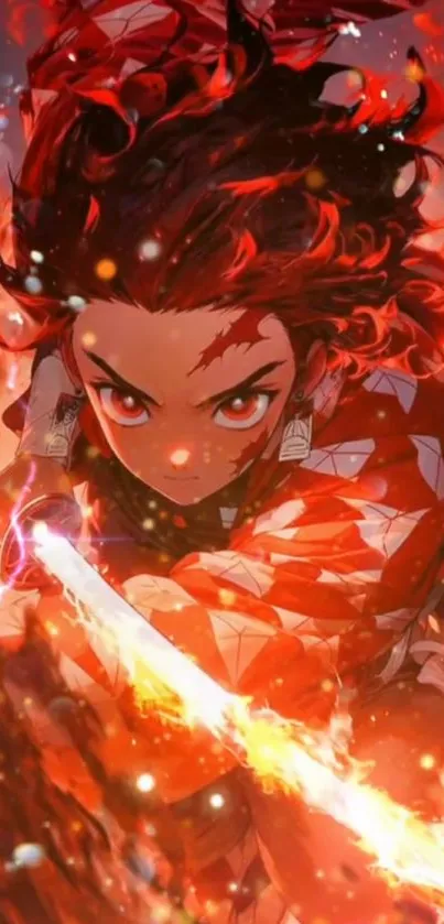 Anime character with fiery sword and intense energy.