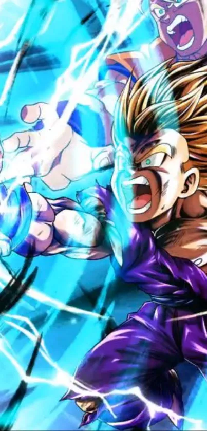 Anime character unleashing energy with electric blue aura in dynamic action pose.