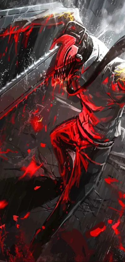 Anime character in action with intense red and dark colors.