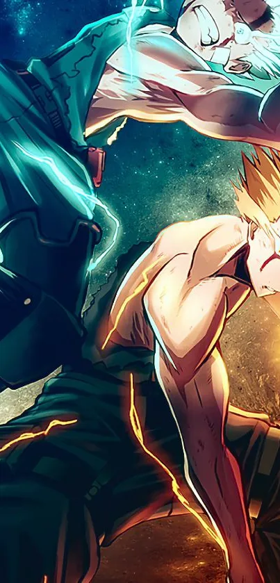 Dynamic anime action scene with electrifying heroes.