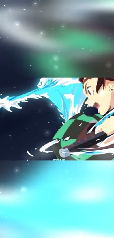 Anime action wallpaper with vibrant cyan and dynamic motion.