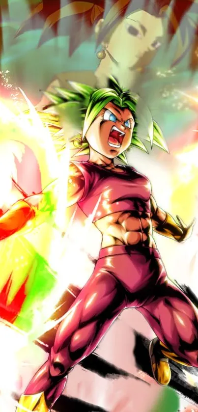 Vibrant anime character in dynamic action pose with red and green hues.