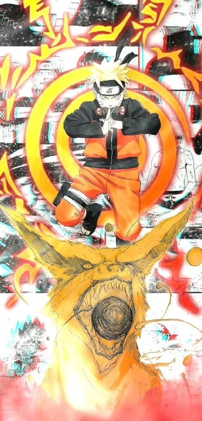 Anime character in orange with dynamic background art.