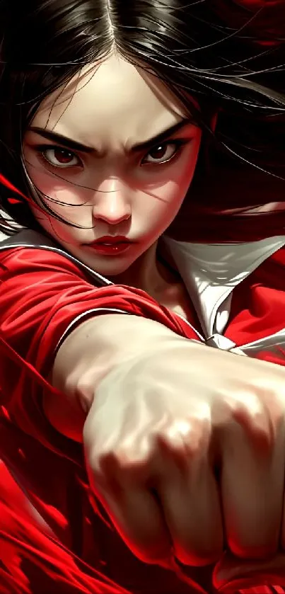 Anime character in red punching forward, creating a dynamic and vibrant scene.