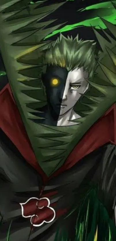 Anime character with green and dark hues, mysterious art style.