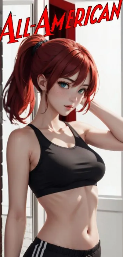 Anime girl with red hair in athletic attire.