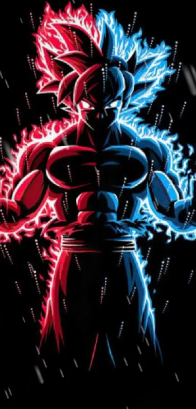 Anime character with red and blue aura, powerful and dynamic on a black background.