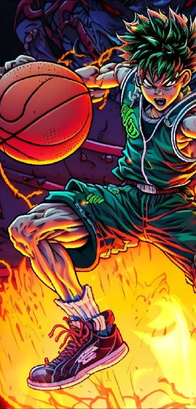 Anime character playing basketball with fiery energy background.