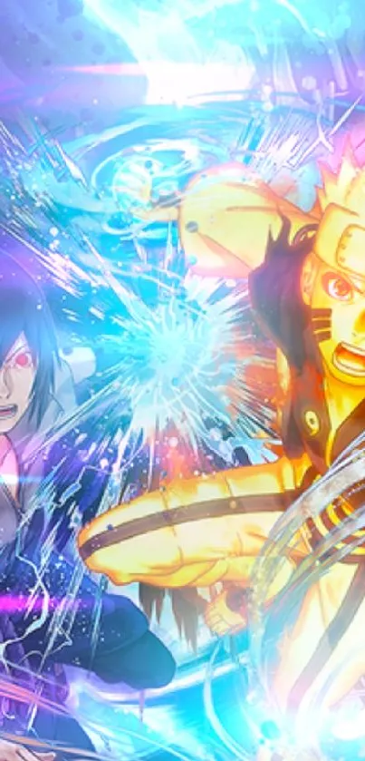 Dynamic anime battle scene with striking blue energy effects.