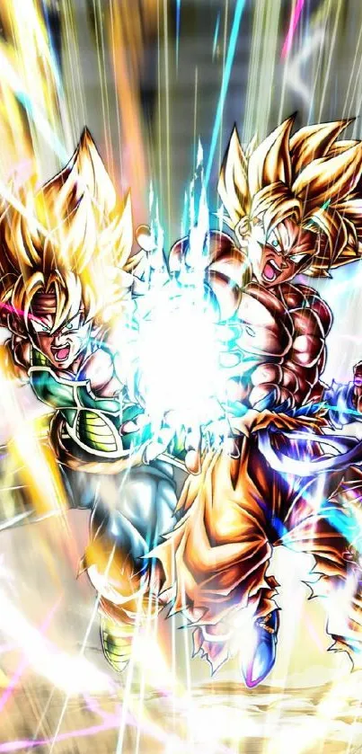 Anime characters in an energetic battle with vibrant colors and intense action.