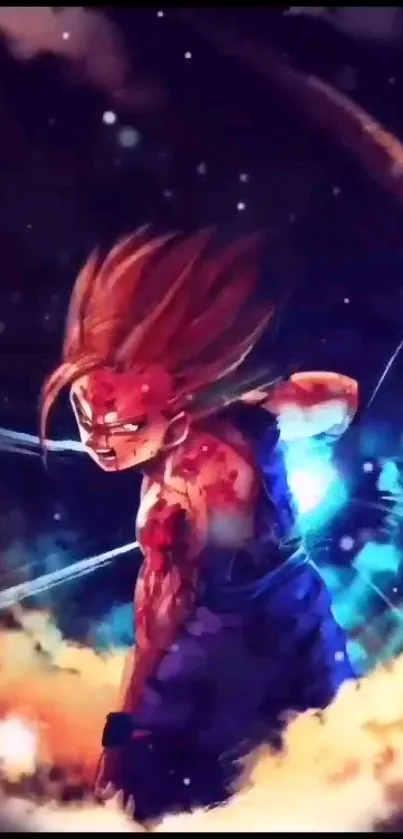 Dynamic anime character in vibrant battle scene with energy aura.