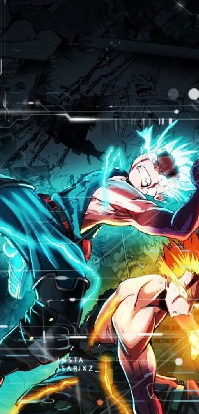 Energetic anime battle scene with vibrant colors and dynamic characters.