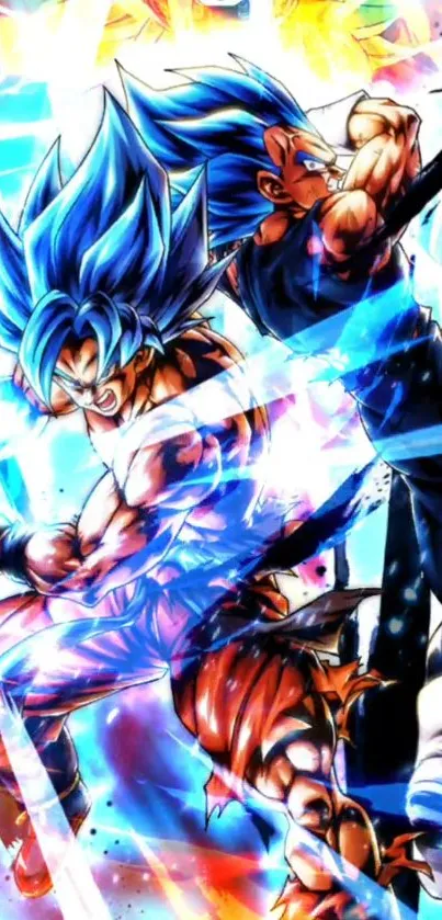 Anime characters in an intense battle with vibrant blue energy.